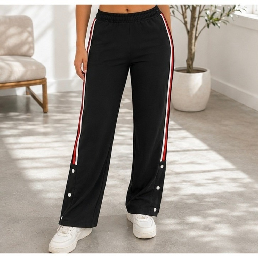 Womens Black Wide Leg Track Pants Red White Side Stripe Snap Button Size-M